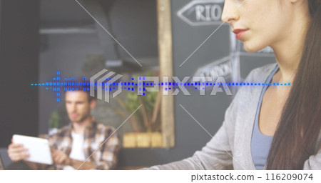 Image of soundwave over beautiful caucasian woman working on laptop in office Image of soundwave over beautiful caucasian woman working on laptop in office 116209074