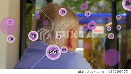 Image of 4g and 5g texts over diverse senior man looking at girl through glass window Image of 4g and 5g texts over diverse senior man looking at girl through glass window 116209075