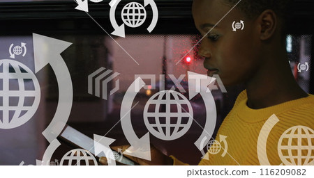 Image of arrows around globes over african american girl using digital tablet in bus Image of arrows around globes over african american girl using digital tablet in bus 116209082