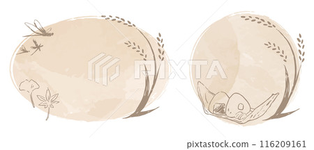 一套水彩圓形框架，配有米、蜻蜓、秋葉、飯糰 116209161