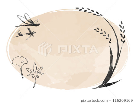 Set of rice, dragonflies, ginkgo and autumn leaves in sumi-e style, watercolor oval frame, hand-drawn 116209169