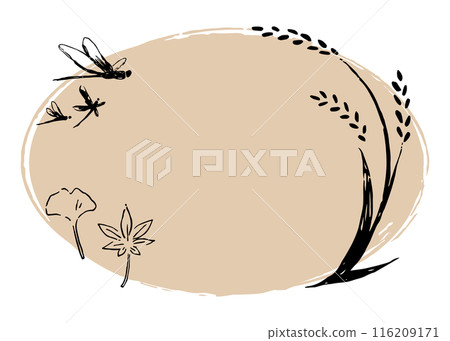 Hand-drawn rice, dragonflies, ginkgo trees, autumn leaves, oval frame Hand-drawn rice, dragonflies, ginkgo trees, autumn leaves, oval frame 116209171