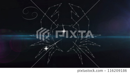 Image of connected dots forming cancer symbol and moving lens flare against black background 116209186