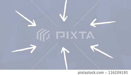 White arrows pointing towards center on light blue background White arrows pointing towards center on light blue background 116209195