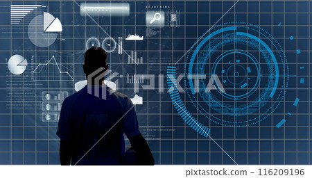 Image of rear view of male athlete with rugby ball looking at reports on big screen Image of rear view of male athlete with rugby ball looking at reports on big screen 116209196