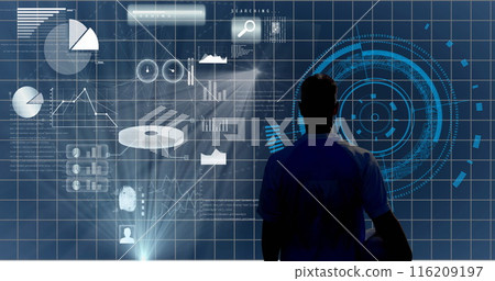Image of rear view of male athlete with rugby ball looking at reports on big screen 116209197