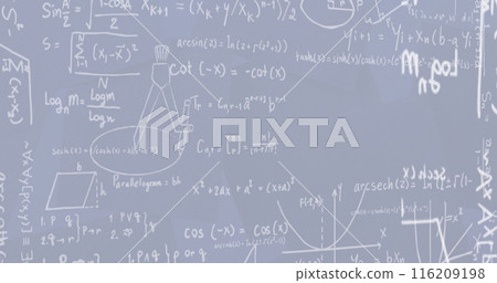 Image of mathematical equations and diagrams over blue background Image of mathematical equations and diagrams over blue background 116209198
