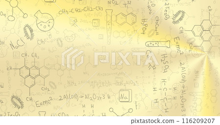 Image of chemical equations and multiple scientific drawings against gradient background Image of chemical equations and multiple scientific drawings against gradient background 116209207