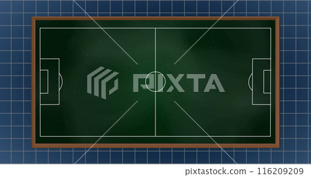 Image of arrow on soccer court with grid pattern on blue background Image of arrow on soccer court with grid pattern on blue background 116209209