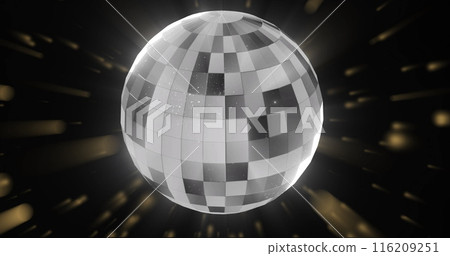 Image of glowing lights and disco mirror ball spinning on black background 116209251
