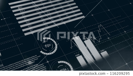 Image of data processing over diagrams and world map on black background Image of data processing over diagrams and world map on black background 116209295