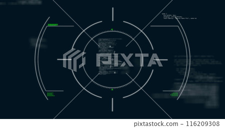Image of scope scanning over diagrams and data processing on black background Image of scope scanning over diagrams and data processing on black background 116209308