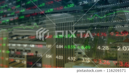 Image of stock market and data processing over cityscape Image of stock market and data processing over cityscape 116209371