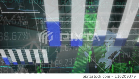 Image of data processing and world map over globes Image of data processing and world map over globes 116209379