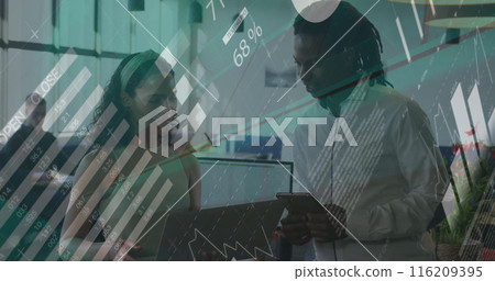 Image of financial data processing over diverse colleagues discussing work 116209395