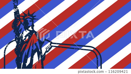 Image of stripes and stars coloured with flag of usa over statue of liberty Image of stripes and stars coloured with flag of usa over statue of liberty 116209421