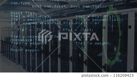 Image of data coding and circular scanner over server room Image of data coding and circular scanner over server room 116209423