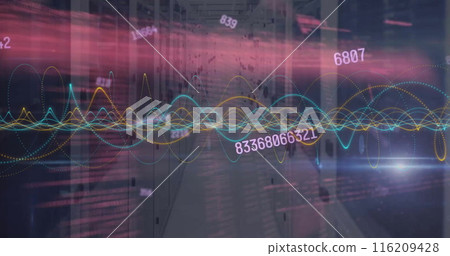 Image of layers of data processing and interface screens on dark background Image of layers of data processing and interface screens on dark background 116209428