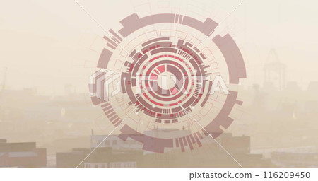 Image of circular scanner, red globe and data processing over cityscape 116209450