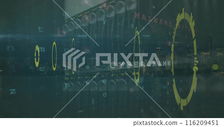 Image of circular scanner, data processing and security warning text over computer server room 116209451