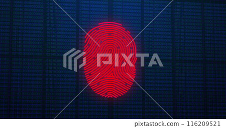 Image of data processing over biometric fingerprint on dark background 116209521