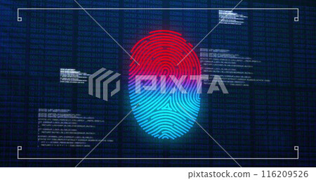 Image of data processing over biometric fingerprint on dark background Image of data processing over biometric fingerprint on dark background 116209526