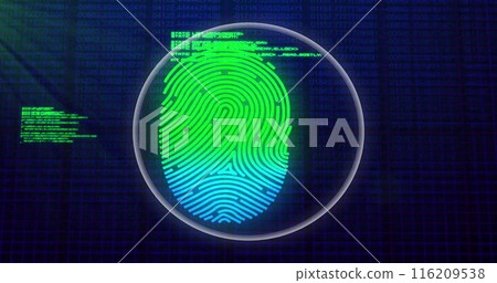 Image of data processing over biometric fingerprint on dark background 116209538
