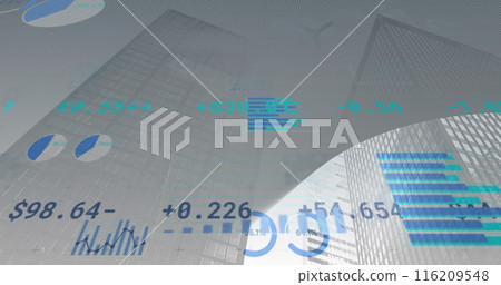 Image of financial data processing over cityscape Image of financial data processing over cityscape 116209548