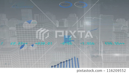 Image of financial data processing over cityscape 116209552