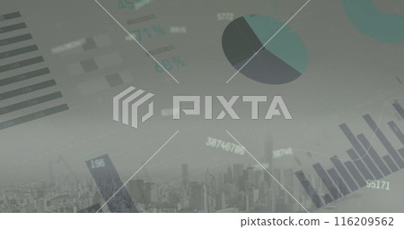 Image of financial data processing over cityscape 116209562