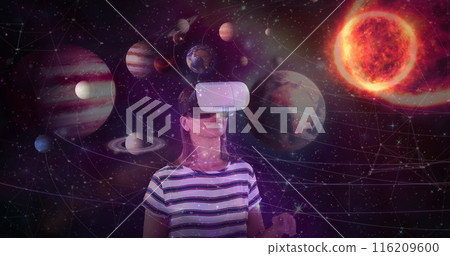 Digital composite of Science Composition Woman watching the universe with Augmented Reality Digital composite of Science Composition Woman watching the universe with Augmented Reality 116209600