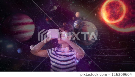 Digital composite of Science Composition Woman watching the universe with Augmented Reality 116209604