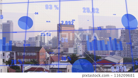 Image of multiple graphs with changing numbers over fog covered modern city against sky 116209681