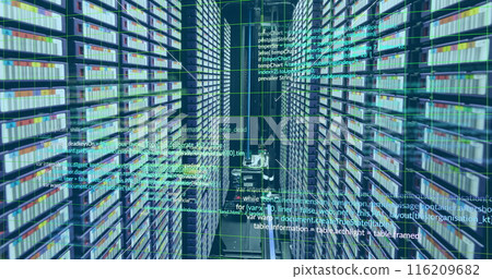 Image of computer language and grid over data server racks 116209682