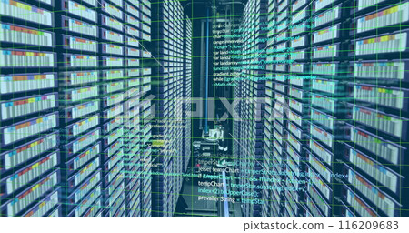 Image of computer language and grid over data server racks 116209683