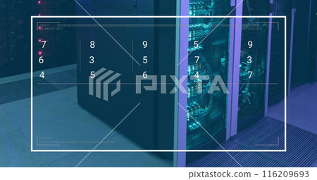 Image of numbers on screen over data server racks 116209693