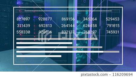 Image of numbers on screen over data server racks Image of numbers on screen over data server racks 116209694