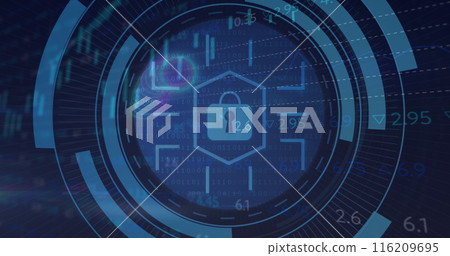 Image of padlock, moving circles with multiple graphs and trading board over abstract background 116209695
