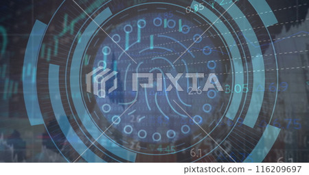 Image of fingerprint in circles, graphs and trading board over modern buildings 116209697