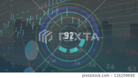 Image of changing numbers in loading circles, graphs, trading board over modern city 116209698