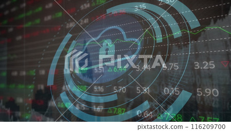 Image of padlock in cloud and circles over graphs and trading board against buildings 116209700