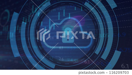 The image begins with a digital cloud with a padlock in a processing circle on a black background 116209703