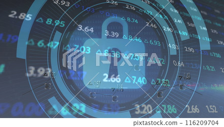 Image of padlock in loading circles, changing numbers, trading board over abstract background 116209704