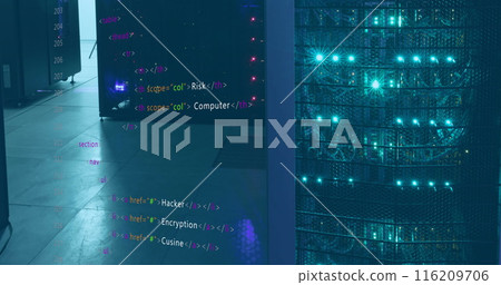 Image of programming language over data server racks Image of programming language over data server racks 116209706