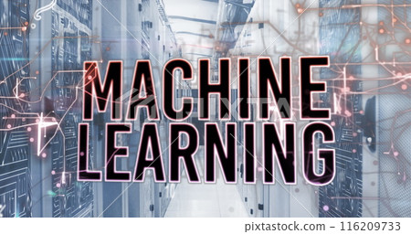 Image of machine learning texts, numbers over circuit board pattern on data server racks 116209733
