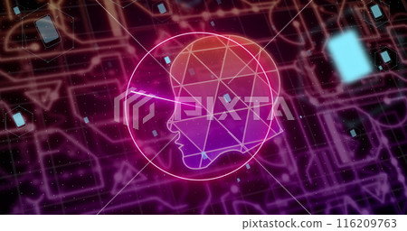 Image of human face in geometric shapes and falling rectangles over abstract background Image of human face in geometric shapes and falling rectangles over abstract background 116209763