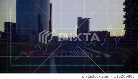 Image of graphs and grid pattern over aerial view of business park against sun in sky 116209802
