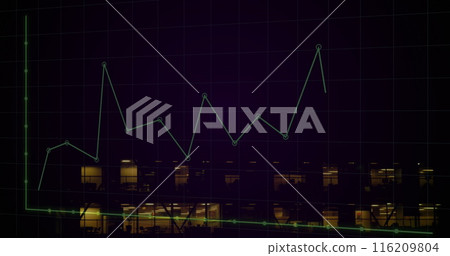 Image of graphs and grid pattern over illuminated modern building in background 116209804