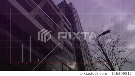 Image of graph and computer language over low angle view of building against cloudy sky 116209812