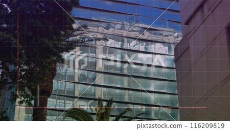 Image of graphs and computer language over modern buildings against sky 116209819